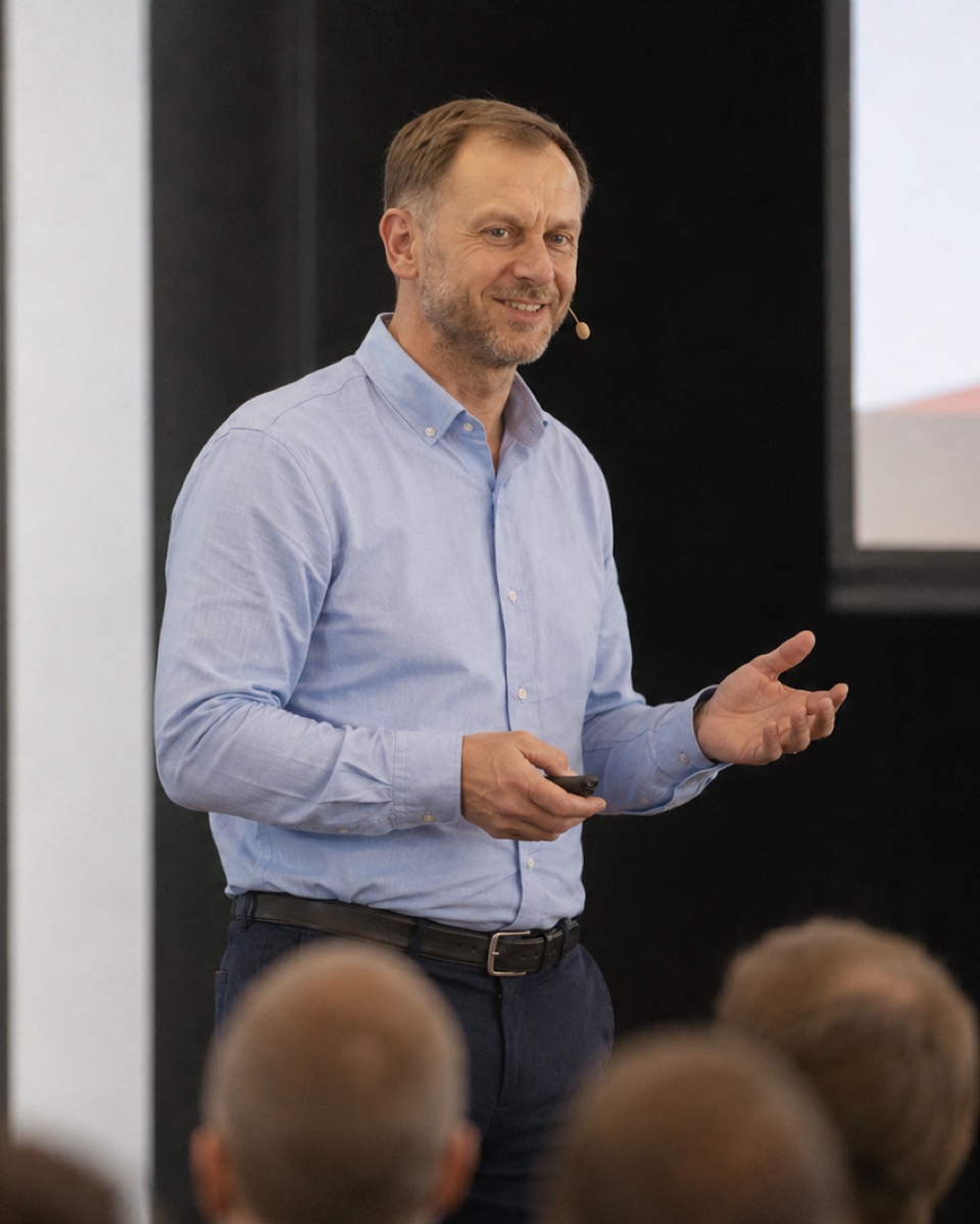 Marek Struszczyk speaking on stage